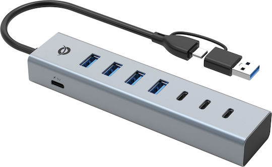 Conceptronic Хъб 7 Порта USB 3.0 с Връзка USB-A / USB-C Сребрист