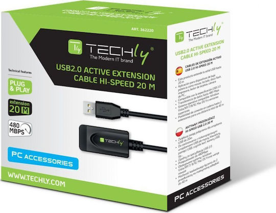 Techly USB 2.0 Кабел USB-A мъжки - USB-B мъжки Черен 20м IUSB-REP220TY3