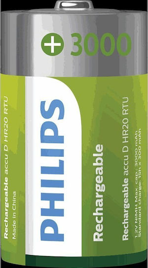 Philips Επαναφορτιζόμενες Μπαταρίες D Ni-MH 3000mAh 1.2V 2τμχ