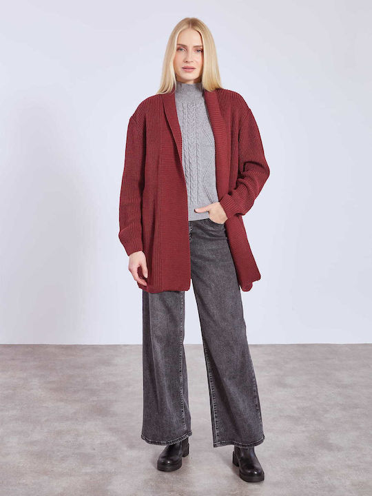 Celestino Women's Long Knitted Ribbed Burgundy Cardigan