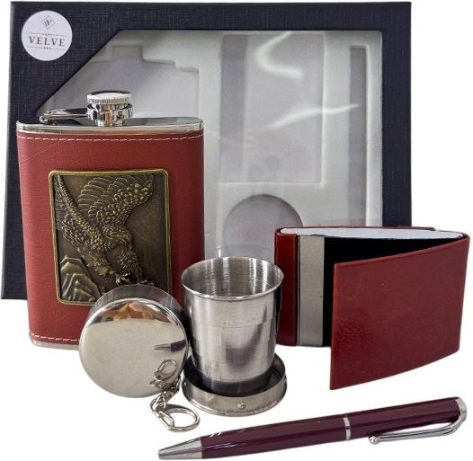 Vlv Men's 4-piece Set Flask Foldable Metal Cup Wallet Metal Pen Brown