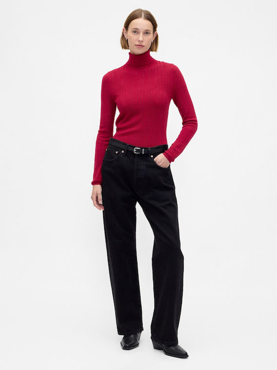 Women's Crop Sweater Woolen Turtleneck Red