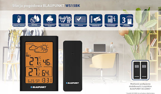 Blaupunkt WS15BK Ασύρματος Μετεωρολογικός Σταθμός Ψηφιακός Επιτραπέζιος Μαύρος