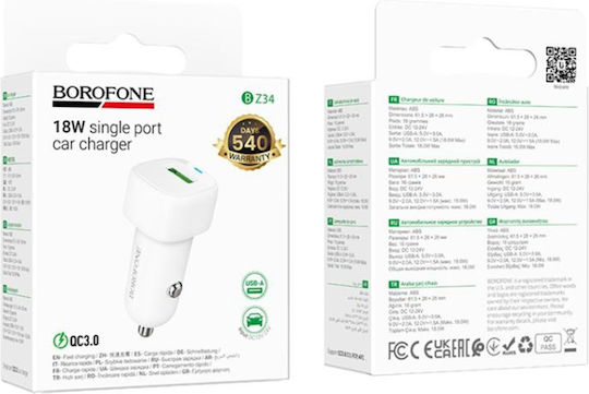Borofone Bz34 Auto-Ladegerät 18W 3A Schnellladung mit einem Anschluss: 1xUSB Weiß Farbe