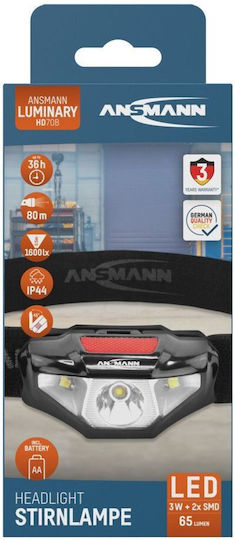 Ansmann Stirnlampe LED IP44 mit maximaler Helligkeit 65lm HD70B Schwarz