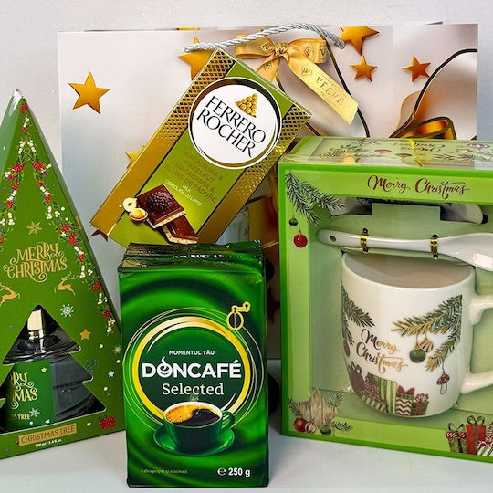 Pachet Deliciu De Crăciun Odorizant De Cameră Cafea Selectată Doncafe Set Ceșcuță Ceramică Farfurie Lingură Ciocolată Ferrero Rocher În Sac Cadou