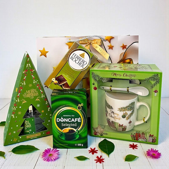 Pachet Deliciu De Crăciun Odorizant De Cameră Cafea Selectată Doncafe Set Ceșcuță Ceramică Farfurie Lingură Ciocolată Ferrero Rocher În Sac Cadou