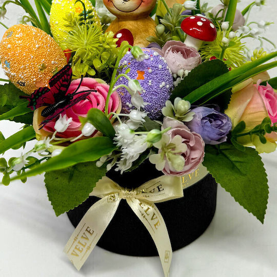 Aranjament Floral De Paște Decor Iepure 3 Ouă Decorative Plante Verzi Trandafiri Artificiali Crini De Vale În Cutie Rotundă Neagră