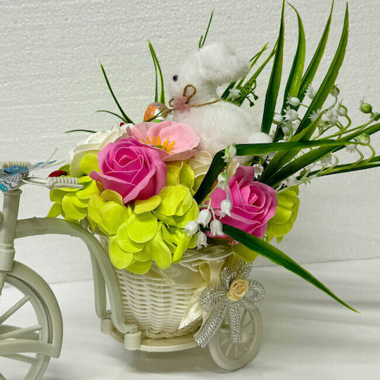 Aranjament Floral De Paște Iepuraș Decorațiune 3 Ouă Decorative Trandafiri Maci Săpun Hortensii Artificiale Crini De Vale În Coș Pe Suport De Bicicletă