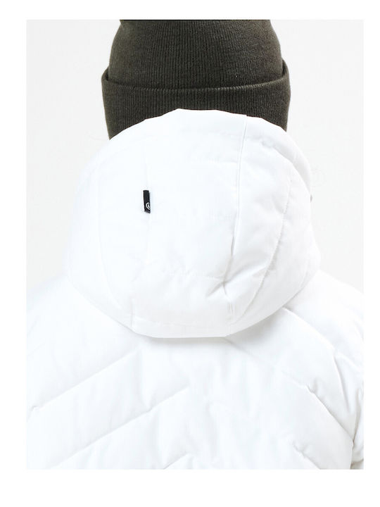Lang Damen Puffer Jacke mit pelziger Kapuze für Winter Weiß