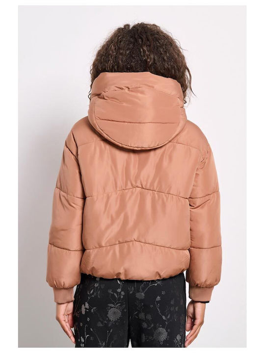 Women's Short Puffer Jacket for Winter with Hood Beige