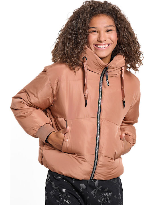 Women's Short Puffer Jacket for Winter with Hood Beige