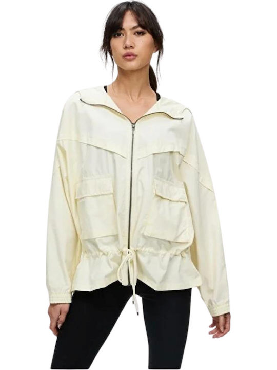 Sportswear Women's Short Sports Jacket for Spring or Autumn with Hood Beige