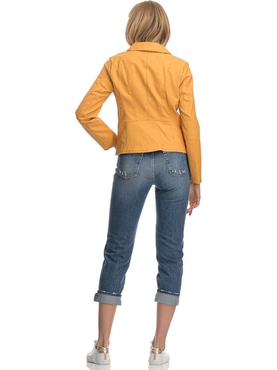 Women's Short Biker Artificial Leather Jacket for Winter Golden Apricot
