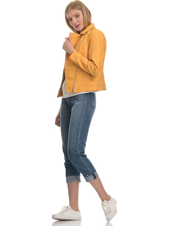 Women's Short Biker Artificial Leather Jacket for Winter Golden Apricot