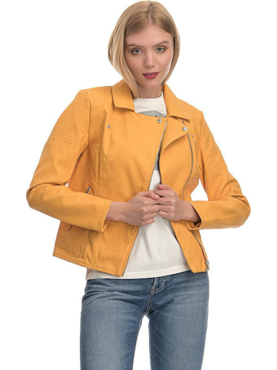 Women's Short Biker Artificial Leather Jacket for Winter Golden Apricot