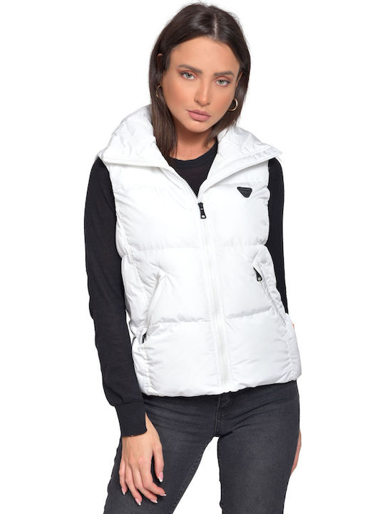 V104 Kurz Damen Ärmellos Puffer Jacke für Winter Weiß
