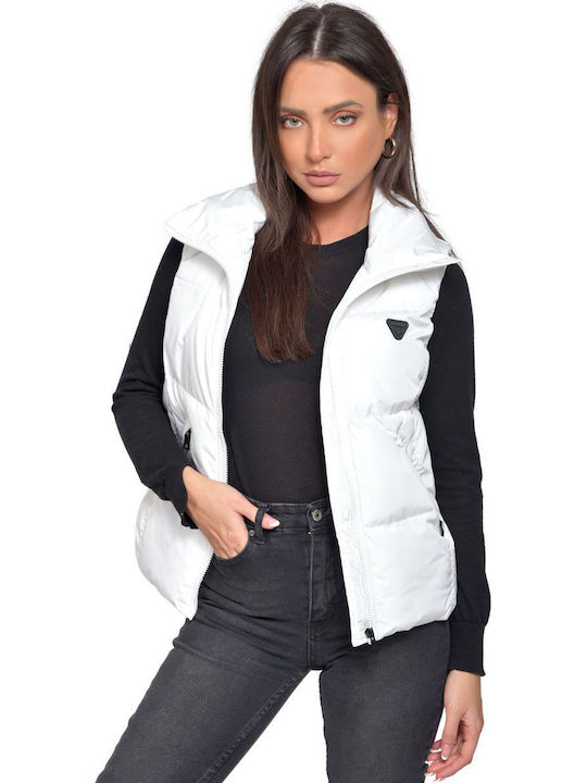 V104 Kurz Damen Ärmellos Puffer Jacke für Winter Weiß