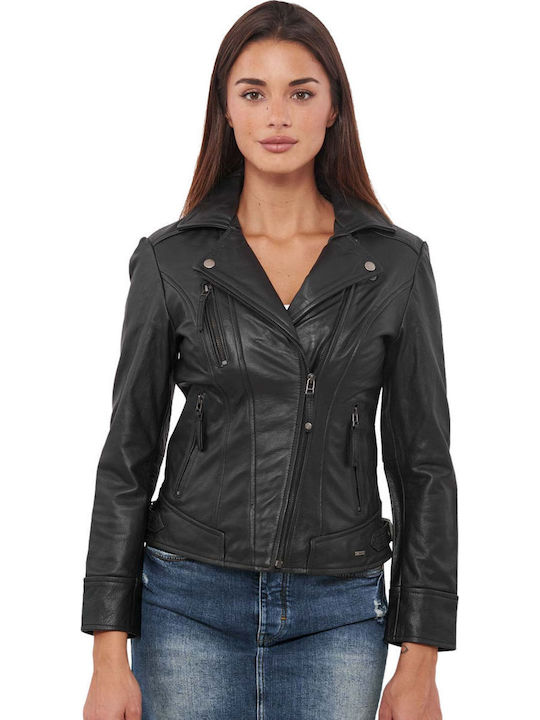 Phedra Buffalo Piele Jachetă de femei Biker Jacket Negru