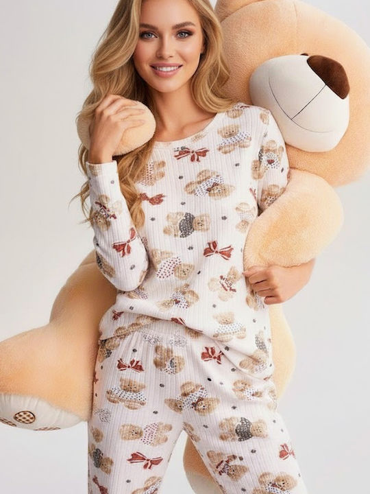 Siyah Inci Winter Damen Pyjama-Set Ecru