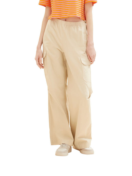 Damen Stoff Cargo Hose mit Gummizug in Geradem Schnitt Beige