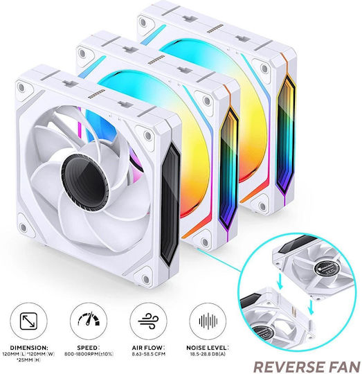 Jonsbo ZL-120WL Reverse Blade Case Fan 1800rpm with ARGB Lighting and 4-Pin PWM Connection 3pcs White
