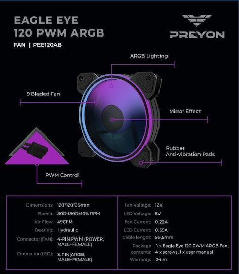 Preyon Eagle Eye Case Fan 120mm with ARGB Lighting 1pcs