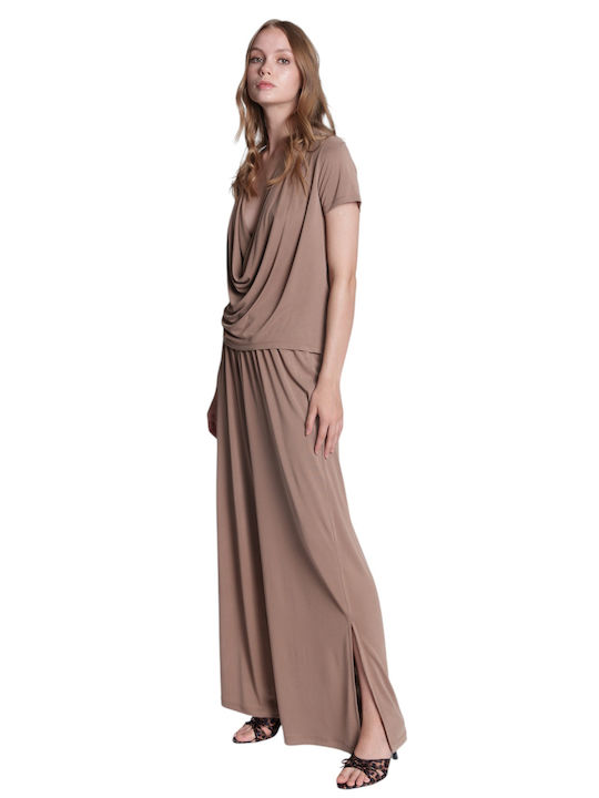 Pants Women's High-waisted Fabric Trousers with Elastic Beige
