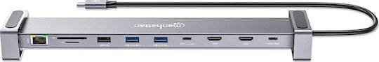 Manhattan USB-C Docking Station με HDMI 4K PD Ethernet και σύνδεση 2 Οθονών Γκρι (190398)
