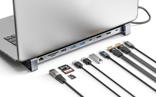 Manhattan USB-C Docking Station με HDMI 4K PD Ethernet και σύνδεση 2 Οθονών Γκρι (190398)