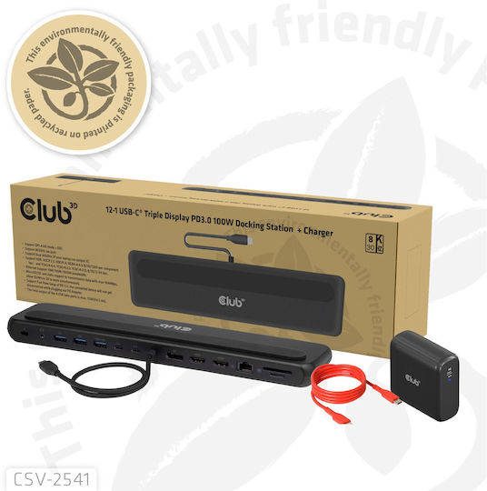 Club3D USB-C Docking Station with HDMI/DisplayPort 4K PD Ethernet and Support for 3 Monitors Black (CSV-2541)