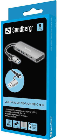 Sandberg Hub 4 Porturi USB 2.0 Cu Conectare USB-A Gri