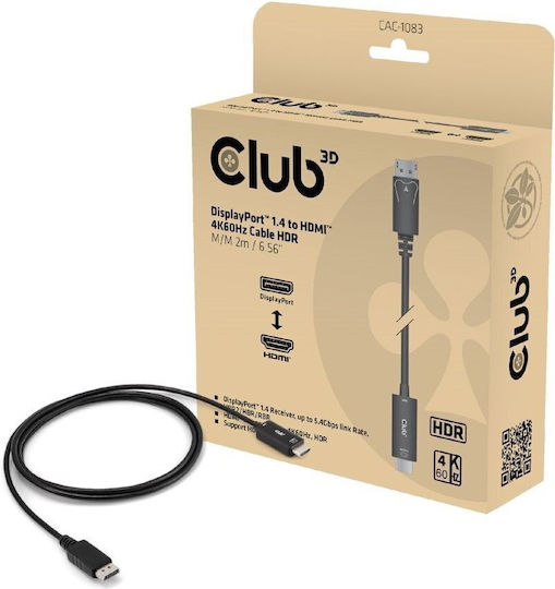 Club3D Кабел DisplayPort мъжки - HDMI мъжки 2м Черен