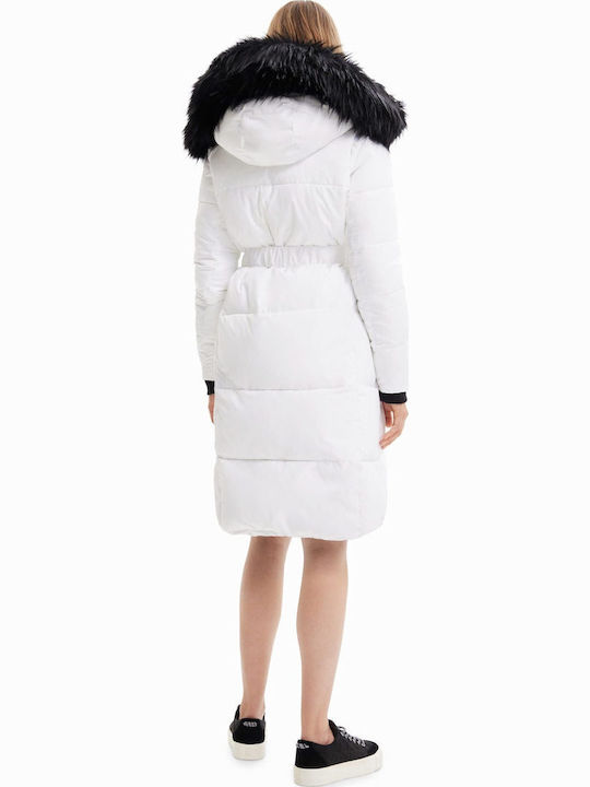 Noruega Lang Damen Puffer Jacke mit pelziger Kapuze für Winter Weiß