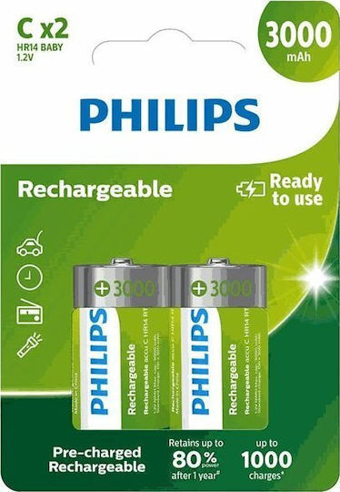 Philips Επαναφορτιζόμενες Μπαταρίες C Ni-MH 3000mAh 1.2V 2τμχ