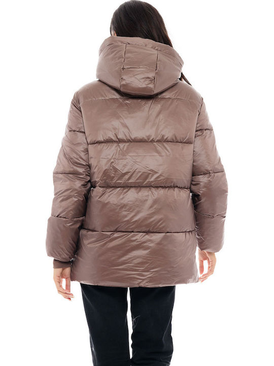 Women's Long Puffer Jacket for Winter with Hood Chocolate