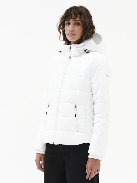 Women's Short Puffer Jacket Waterproof and Windproof for Winter with Detachable Hood White