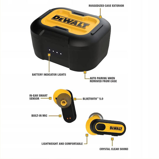 DEWALT PRO-X1 In-ear Bluetooth Handsfree Earphones with Sweat Resistance and Charging Case Black