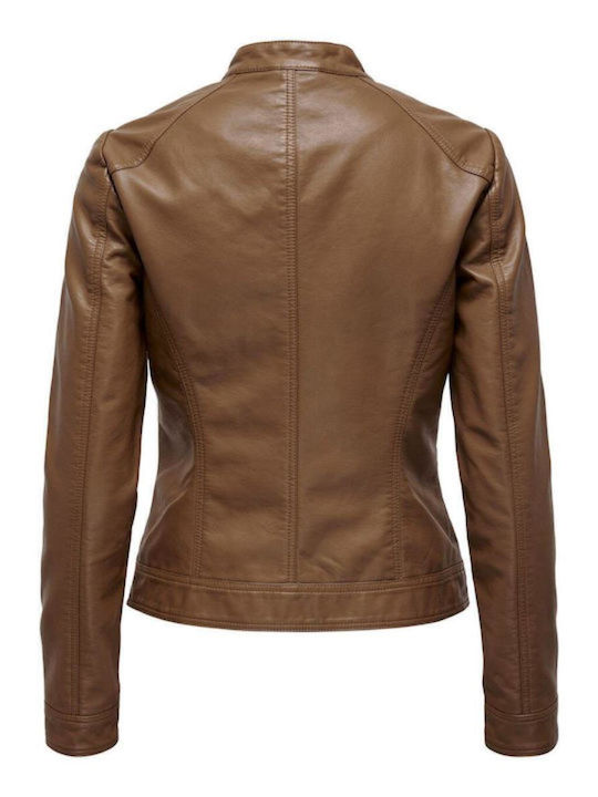 Bandit Women's Short Biker Artificial Leather Jacket for Winter Brown