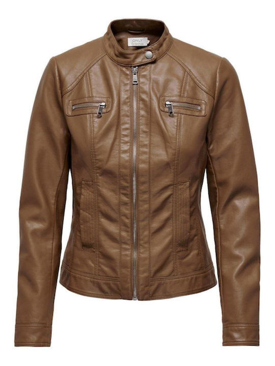 Bandit Women's Short Biker Artificial Leather Jacket for Winter Brown