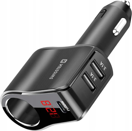Swissten Φορτιστής Αυτοκινήτου 30W 10A με Θύρες: 2xUSB 1xType-C 1xΑναπτήρα Μαύρος