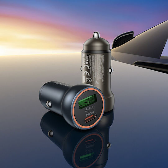 Borofone Auto-Ladegerät 30W Schnellladung mit Anschlüssen: 1xUSB 1xType-C Gray Farbe