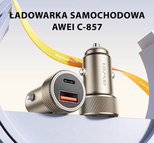 Awei Car Charger 33W with Ports: 1xUSB 1xType-C Brown Color