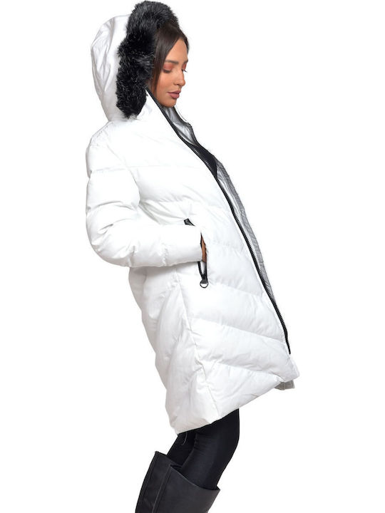 Urban V102 Lungă Jachetă de femei Puffer cu glugă de blană Alb