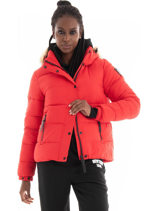 D3 Ovin Faux Women's Short Puffer Jacket for Winter with Hood Red
