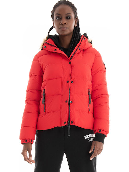 D3 Ovin Faux Women's Short Puffer Jacket for Winter with Hood Red