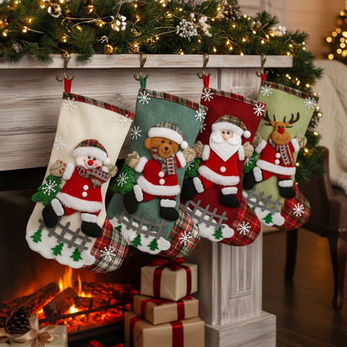 Christmas Decorative Polyester Socks with Santa Claus / Reindeer / Snowmen / Tree L31xW19cm 4pcs