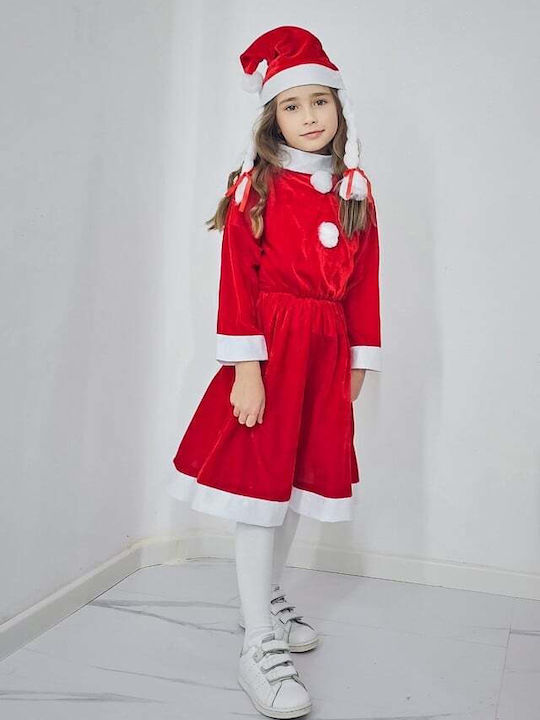 Rochie Catifea Missy Claus de Crăciun Set cu Căciulă Codițe Mărime 3-5 Ani