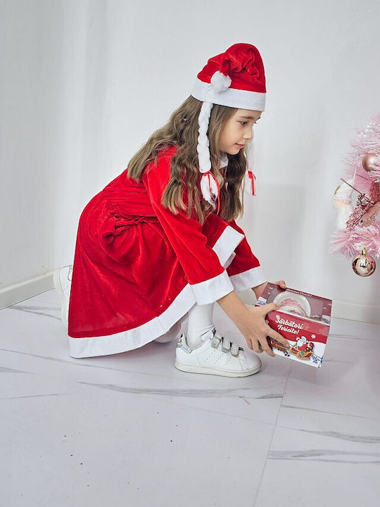 Rochie Catifea Missy Claus de Crăciun Set cu Căciulă Codițe Mărime 3-5 Ani