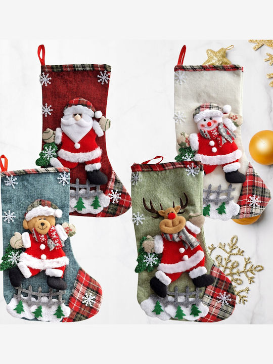 Șosetă Decorativă de Crăciun Poliester cu Άγιο Βασίλη / Ren / Om de zăpadă / Βrad mic L31xl19cm. 4buc